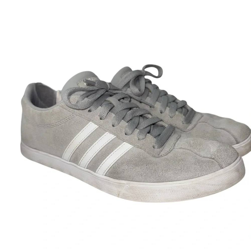 Adidas VL Court 2.0 Gray Suede Low Top Sneakers White Stripes Mens 9.5 Womens 11